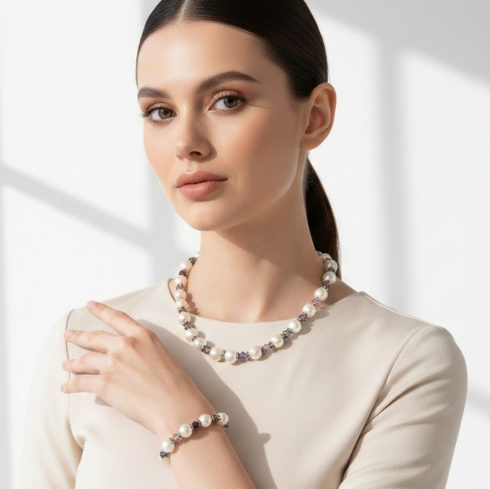 Premier Designs Faux Pearl Crystal Necklace Bracelet Jewelry Set